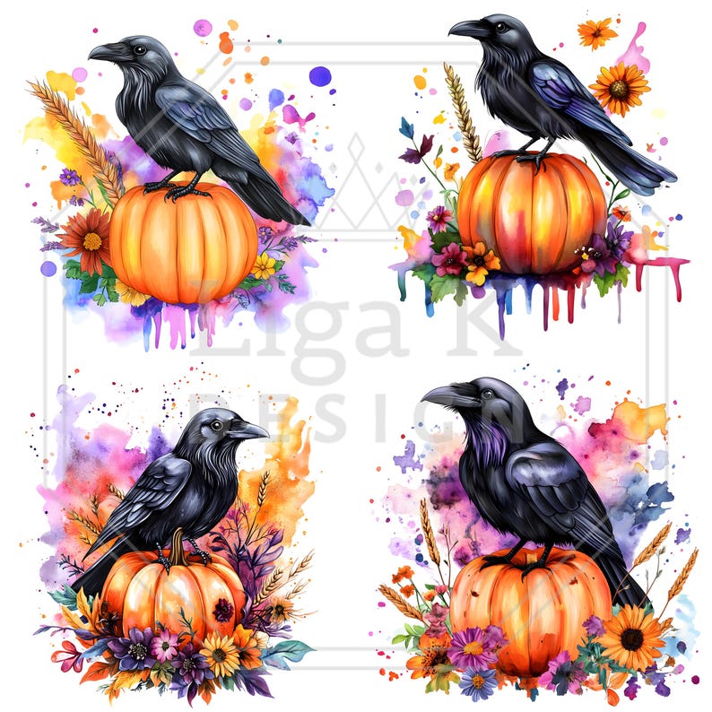 Watercolor Raven and Pumpkin Clipart PNG, Crow Halloween Watercolor ...