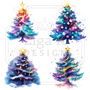 K&ouml;nnte beinhalten: Vier Illustrationen von Weihnachtsb&auml;umen im Aquarellstil mit lebendigen, von Galaxien inspirierten Farbpaletten in Blau, Lila und Pink. Jeder Baum ist mit bunten Kugeln geschm&uuml;ckt und mit einem goldenen Stern auf wei&szlig;em Hintergrund versehen.