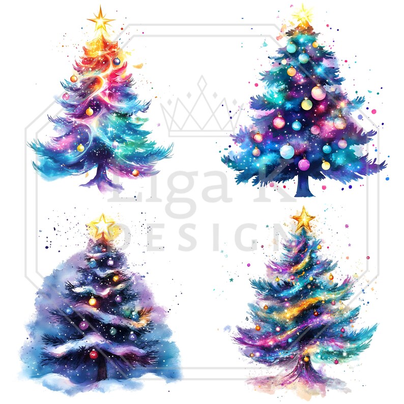 K&ouml;nnte beinhalten: Vier Illustrationen von Weihnachtsb&auml;umen im Aquarellstil mit lebendigen, von Galaxien inspirierten Farbpaletten in Blau, Lila und Pink. Jeder Baum ist mit bunten Kugeln geschm&uuml;ckt und mit einem goldenen Stern auf wei&szlig;em Hintergrund versehen.