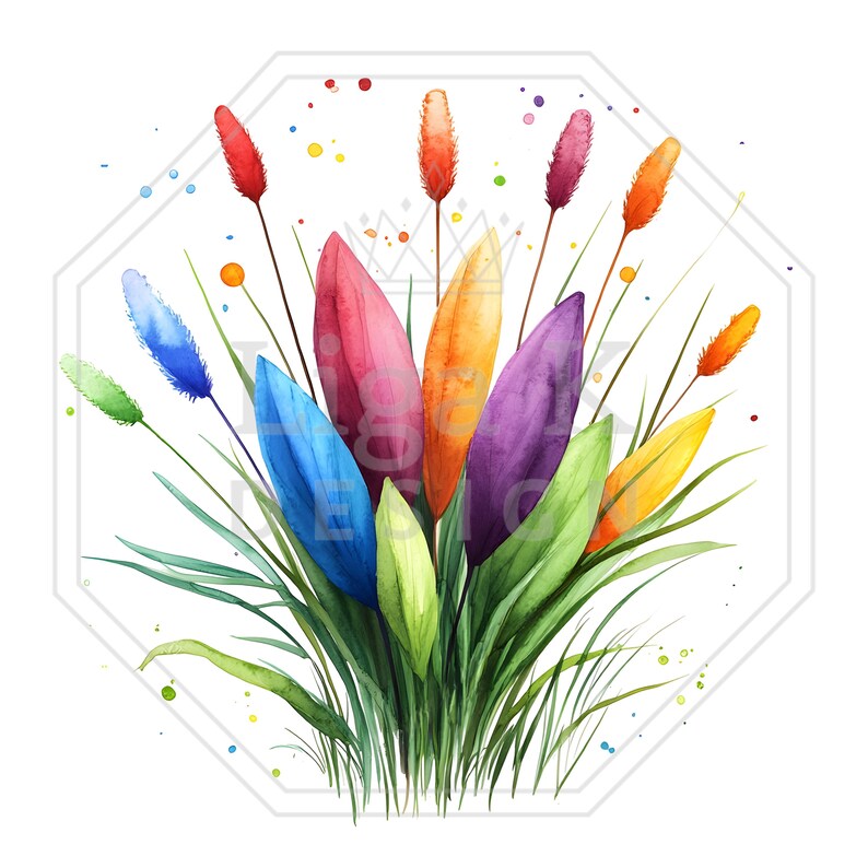 Watercolor Rainbow Reeds Clipart Bundle, Grass and Wildflowers, 20 PNG ...