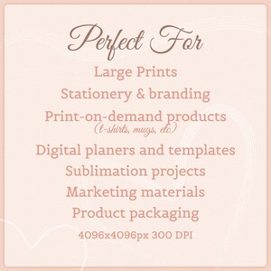 May include: A light peach-colored graphic with the words "Perfect For" in a decorative font. Below, a list includes "Large Prints," "Stationery & branding," and "Print-on-demand products." The image also lists "Digital planers and templates," "Sublimation projects," and "Marketing materials."