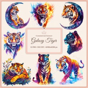 Puede incluir: Una colección digital de trece ilustraciones de tigres estilo acuarela con patrones de galaxias y nebulosas. El cuadro de texto central dice Commercial licence Galaxy Tiger 13 PNG 300 DPI 4096x4096 px. Los tigres aparecen en diversas posturas.