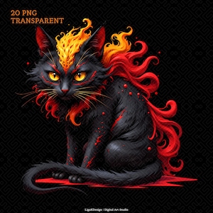 May include: A digital illustration of a black cat with fiery red and yellow accents. The cat has yellow eyes and red markings, with flames emanating from its head and back. The image includes the text "20 PNG TRANSPARENT".