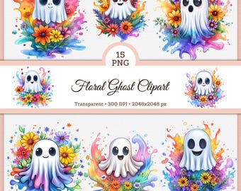 Pode incluir: Uma coleção de cliparts em aquarela com fantasmas brancos com rostos sorridentes, cercados por arranjos florais coloridos e respingos de tinta. O texto "Floral Ghost Clipart" é exibido, juntamente com "15 PNG" e outros detalhes.