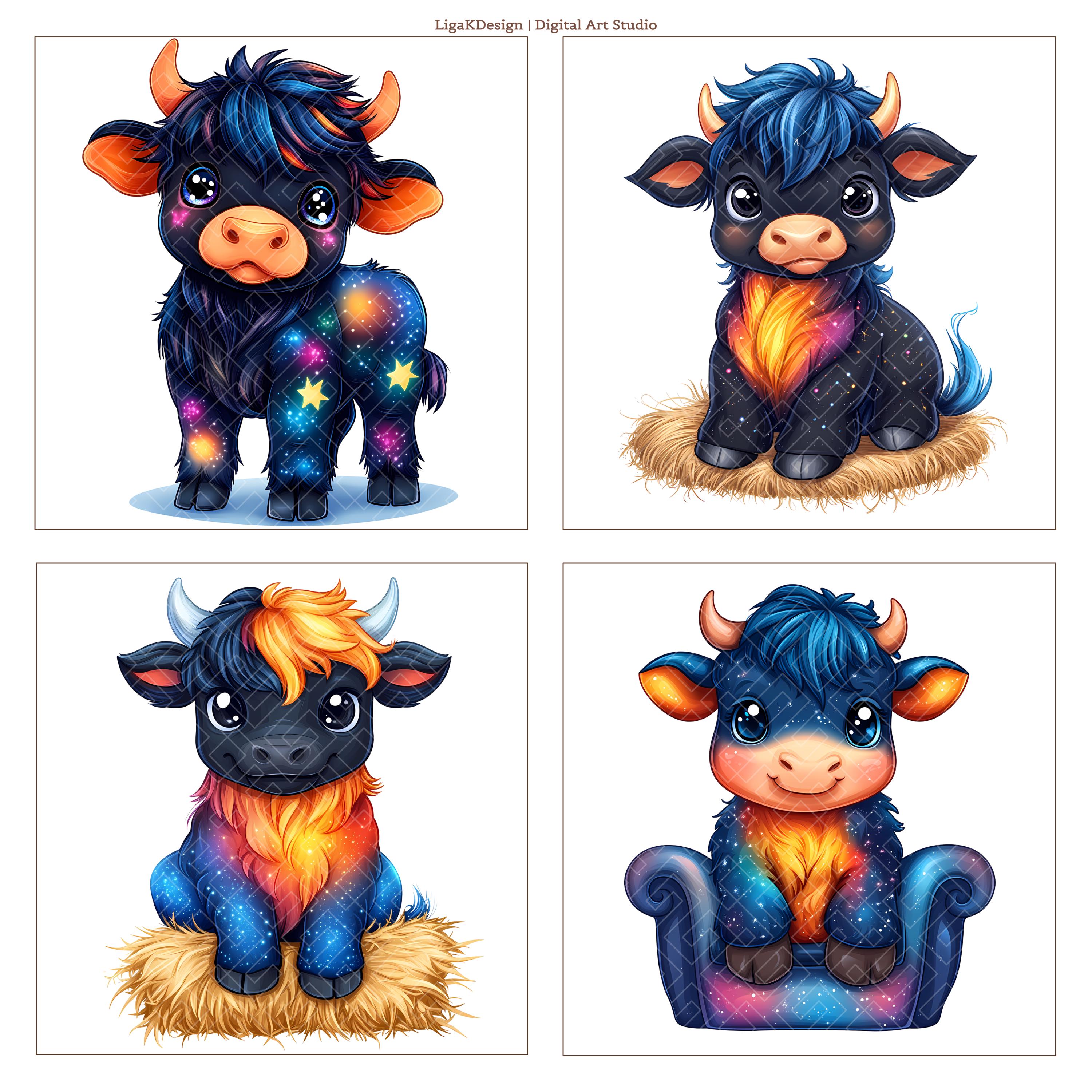 Kawaii Highland Cow Baby Clipart PNG Pack Chibi Fantasy Calf Clip Art ...