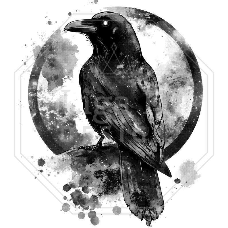 May include: Black and white illustration of a raven perched on a branch. The raven is set against a backdrop of a stylized moon and watercolor-like splatters. The raven's eyes glow white.