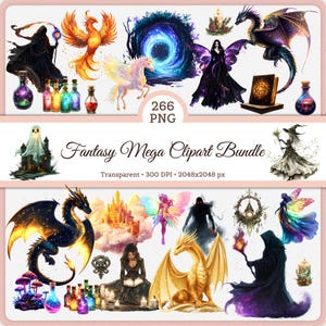 May include: A selection of fantasy-themed clipart images featuring dragons, fairies, wizards, potions, castles, and a unicorn. The text "Fantasy Mega Clipart Bundle" is displayed. The images are transparent and 300 DPI.