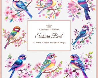 Spring Sakura Bird Clipart Bundle, Romantic Cherry Blossom Watercolor Bird, Floral Bird Sublimation, Digital Commercial
