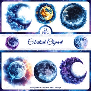 Celestial Moon Clipart,  Watercolor Galaxy Moons & Stars,  Cosmic Sky 23 PNG Bundle, Mystical Night Art, Moon Phase, Digital, Commercial 2k