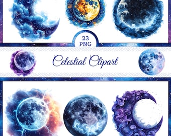Himmlische Mond Clipart, Aquarell Galaxie Monde und Sterne, kosmischer Himmel 23 PNG-Bundle, mystische Nacht Kunst, Mondphase, Digital, Kommerziell 2k