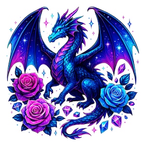 May include: A digital illustration of a dragon with blue and purple scales, large wings, and sharp claws. The dragon is surrounded by two pink roses, one blue rose, and several scattered geometric crystals against a white background with stars.