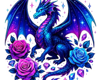 Galaxy Dragon PNG Clipart: Cosmic Roses, Starry Night (Digital Download)