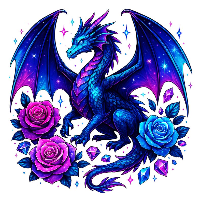 May include: A digital illustration of a dragon with blue and purple scales, large wings, and sharp claws. The dragon is surrounded by two pink roses, one blue rose, and several scattered geometric crystals against a white background with stars.