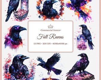 Fall Raven Clipart PNG Gothic Autumn Crow Graphics Dark Fantasy Bird Witchy Halloween Sublimation Digital Commercial raven illustration