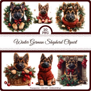 May include: A digital art collection featuring six images of German Shepherd puppies in winter settings. The puppies are adorned with festive accessories like wreaths, red sweaters, and bows. The text "Winter German Shepherd Clipart" is displayed.