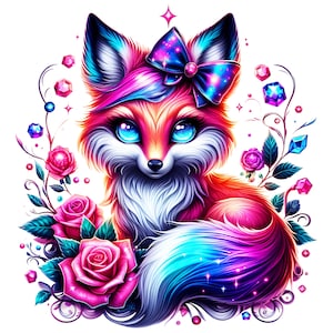 May include: A vibrant illustration of a fox with a colorful fur, adorned with a galaxy-themed bow and bright blue eyes. The fox is surrounded by pink roses, gemstones, and decorative vines, creating a whimsical and enchanting design.