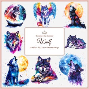 May include: A collection of watercolor illustrations featuring wolves in various poses. Some wolves are depicted with colorful wings, howling at the moon, or within a snow globe. The images have a fantasy theme with vibrant colors and a dreamy aesthetic.