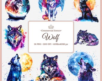 Clipart de Lobo Cósmico | Conjunto PNG de Lobo em Globo de Neve | Arte Digital de Lobo com Caveira para Uso Comercial | Ilustração Vibrante de Lobo Alado Uivando Clipart 4k