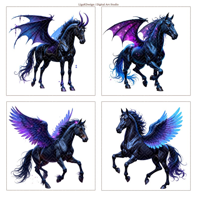 Dark Pegasus Clipart Bundle Greek Mythology Winged Horse PNG Fantasy ...
