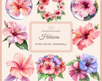 Watercolor Hibiscus Clipart Bundle: Tropical Flower PNGs (Digital Download)