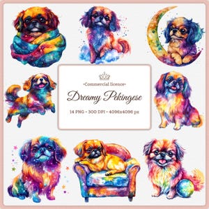 Dreamy Pekingese Clipart Bundle PNG Sublimation Files Watercolor Galaxy Small Dog Art Mama dog lover clipart PNG 4k