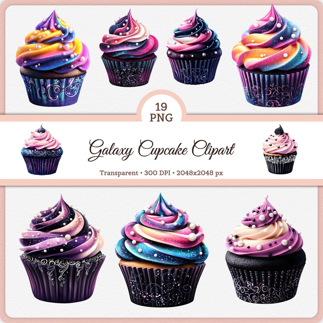 19 PNG Galaxy Cupcake Clipart Bundle, Cosmic Birthday Cupcake Art With ...