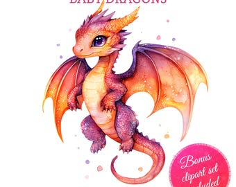 Baby Drachen Sublimations Clipart | Süßer Fantasy Drache PNG Bündel | Aquarell Fabelwesen Kunst für Kinder & 4K Designs