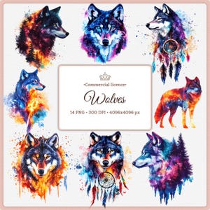 Könnte beinhalten: Eine Sammlung von Aquarell-Wolf-Illustrationen in leuchtenden Farben. Die Bilder zeigen Wölfe in verschiedenen Posen, mit einem Traumfänger in einem Bild. Der Text "Wolves" und Lizenzinformationen sind ebenfalls vorhanden.