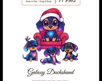 77 PNG Cute Galaxy Dachshund Clipart, Kawaii Christmas Dachsie Sublimation, Winter Sausage dog, wiener dog hunting, Festive Digital Craft 4k