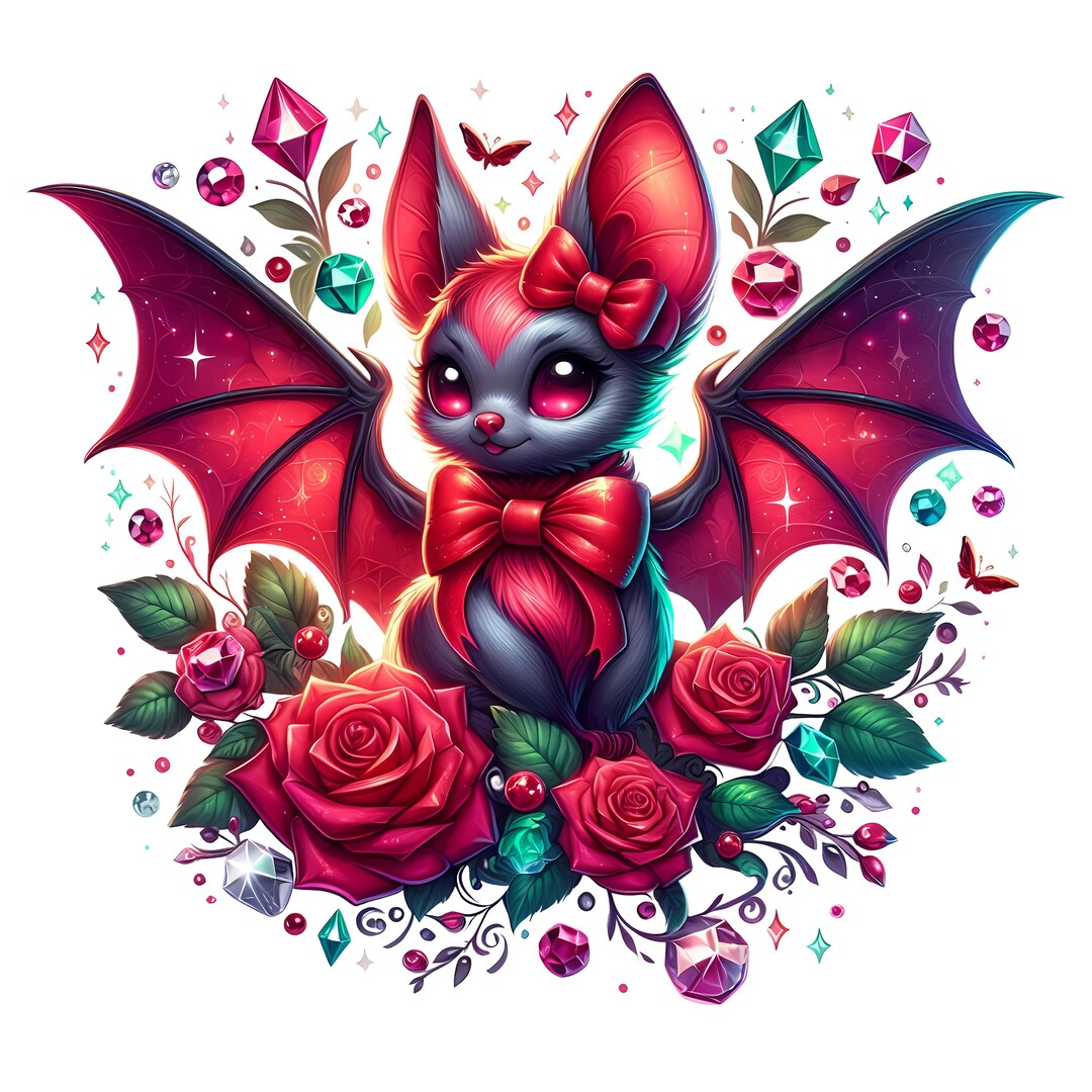 Basm Sticker Glamorous Bat Clipart With Red Bow & Roses | Cute Gothic PNG for ...
