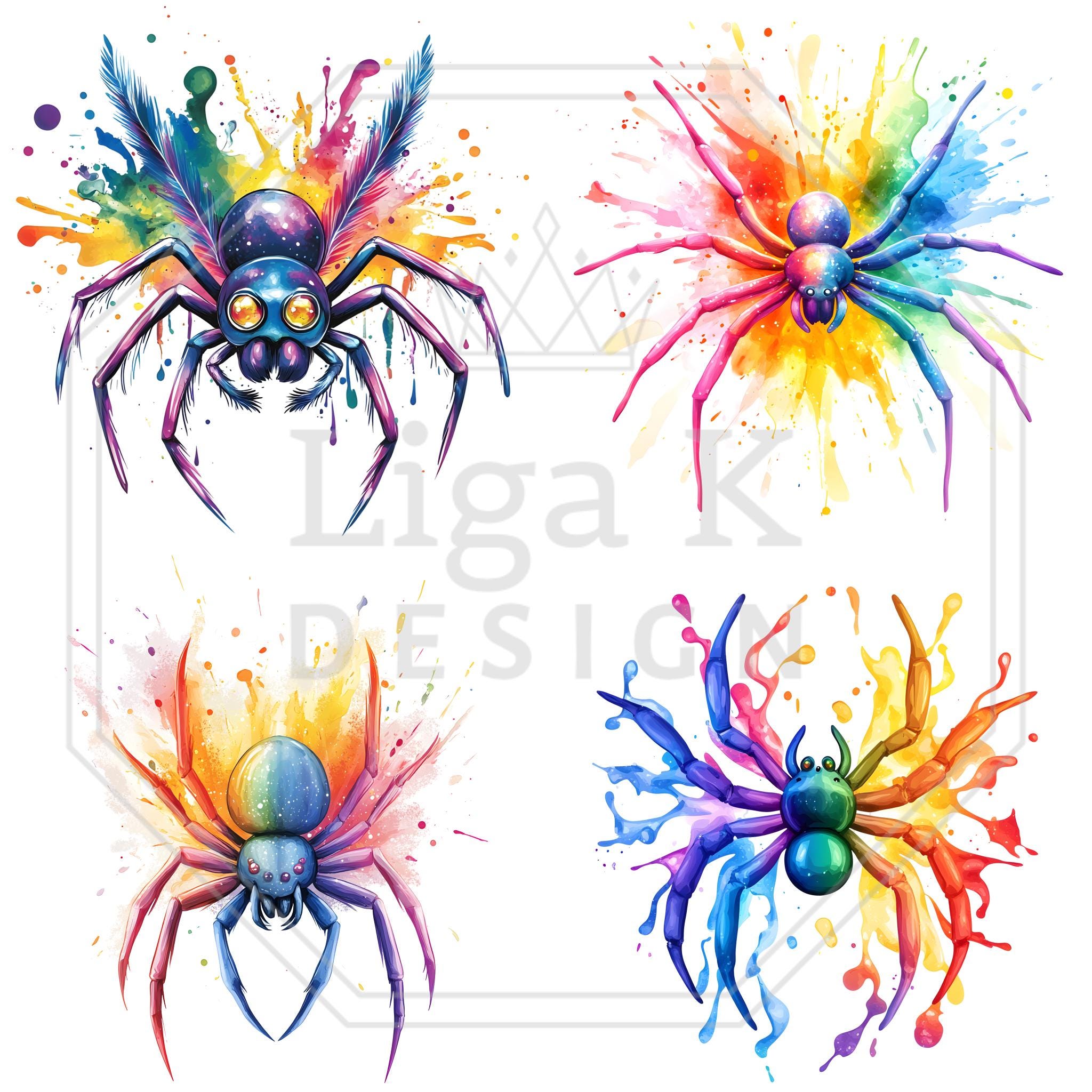 Rainbow Spider Clipart Bundle, 13 PNG Watercolor Creepy Cute Spiders ...