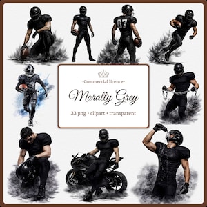 K&ouml;nnte beinhalten: Digitale Kunstsammlung mit Darstellungen von American-Football-Spielern in schwarzen Uniformen und Helmen. Das Bild enth&auml;lt ein Motorrad und den Text "Morally Grey" mit "33 png clipart transparent".