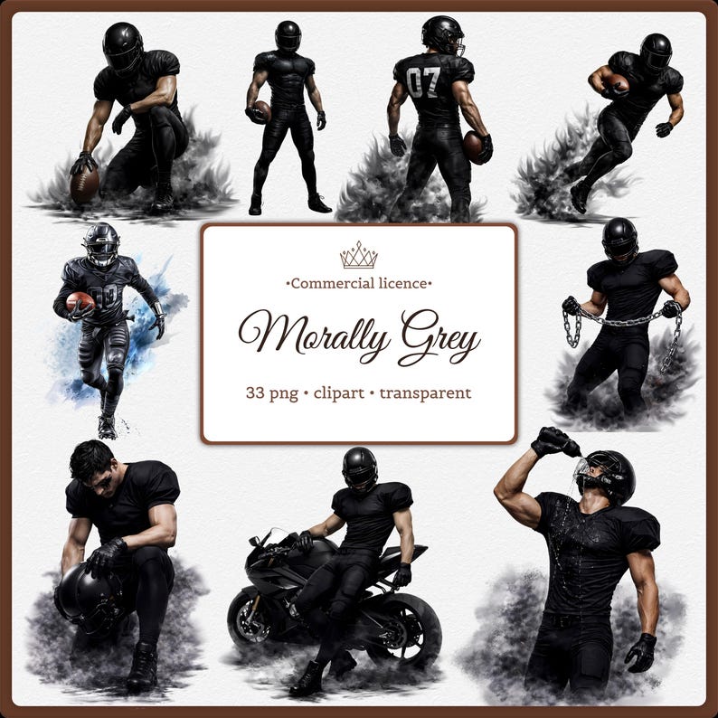 K&ouml;nnte beinhalten: Digitale Kunstsammlung mit Darstellungen von American-Football-Spielern in schwarzen Uniformen und Helmen. Das Bild enth&auml;lt ein Motorrad und den Text "Morally Grey" mit "33 png clipart transparent".