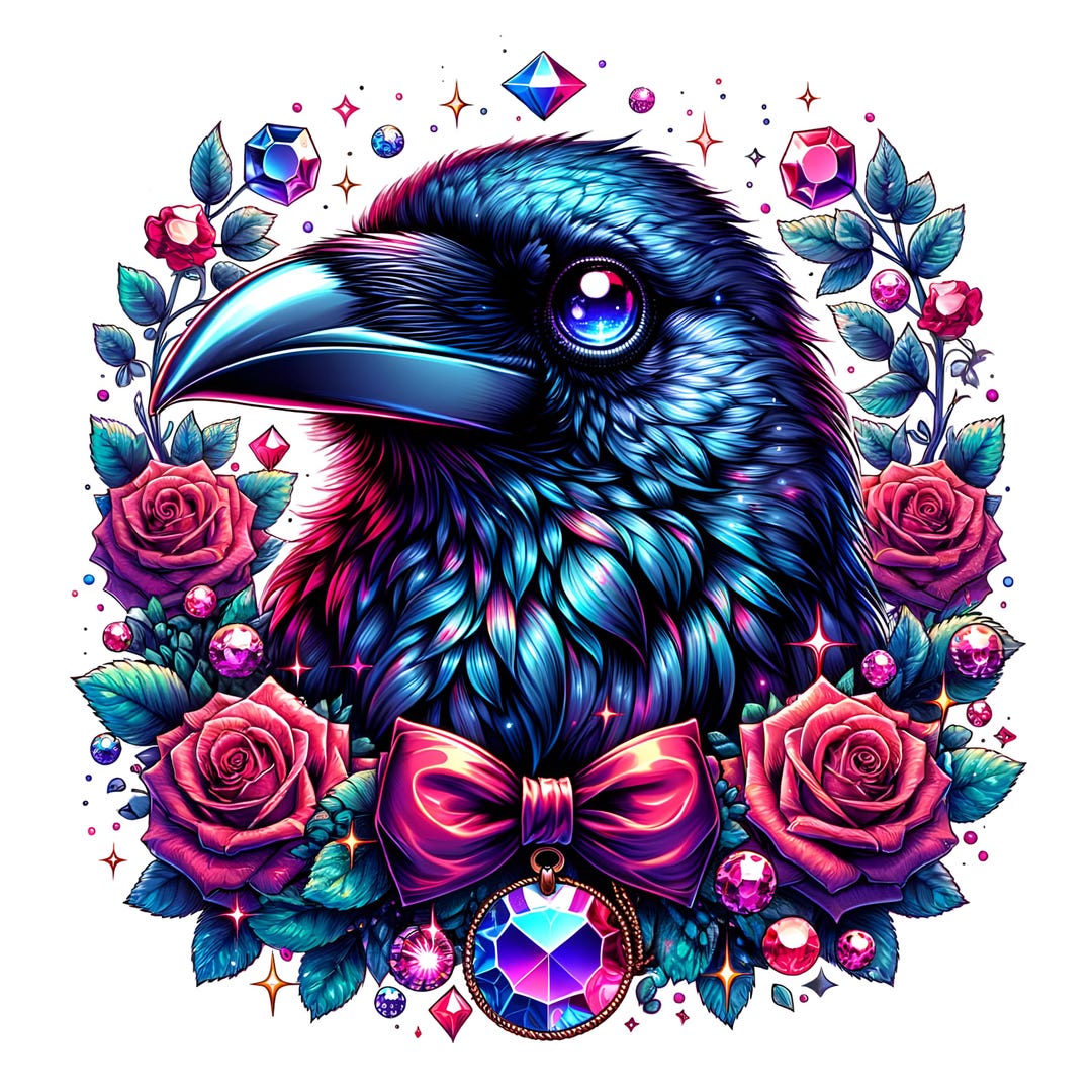 Raven With Roses Clipart: Colorful Gothic Bird PNG JPG (digital ...