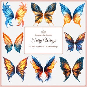 Puede incluir: Una colección de alas de hadas en acuarela en varias combinaciones de colores, incluyendo azul, naranja, dorado y morado. La imagen incluye un cuadro de texto central con las palabras "Fairy Wings" y detalles sobre la resolución y licencia de la imagen.