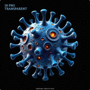 May include: A 3D rendering of a blue virus with orange glowing centers and protruding spikes. The image includes the text "18 PNG TRANSPARENT" in the upper left corner. The background is black with a repeating geometric pattern.