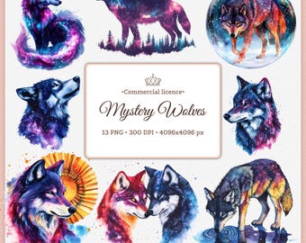 Mystical Galaxy Wolves Clipart Bundle | Fantasy Watercolor Wolf PNG | Mystery Wolves Clipart | Colorful Wolf Set | Magical Wolf Bundle 4k