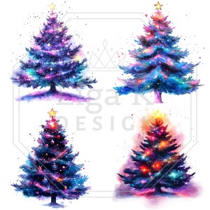 K&ouml;nnte beinhalten: Vier Weihnachtsb&auml;ume im Aquarellstil, angeordnet in einem Raster, jeder mit einer lebendigen, von Galaxien inspirierten Farbpalette aus tiefem Blau, Violett und Pink. Jeder Baum ist mit einem goldenen Stern gekr&ouml;nt und mit Lichtern geschm&uuml;ckt.