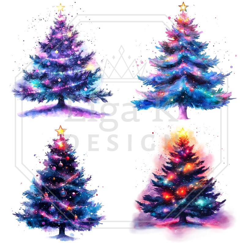 K&ouml;nnte beinhalten: Vier Weihnachtsb&auml;ume im Aquarellstil, angeordnet in einem Raster, jeder mit einer lebendigen, von Galaxien inspirierten Farbpalette aus tiefem Blau, Violett und Pink. Jeder Baum ist mit einem goldenen Stern gekr&ouml;nt und mit Lichtern geschm&uuml;ckt.