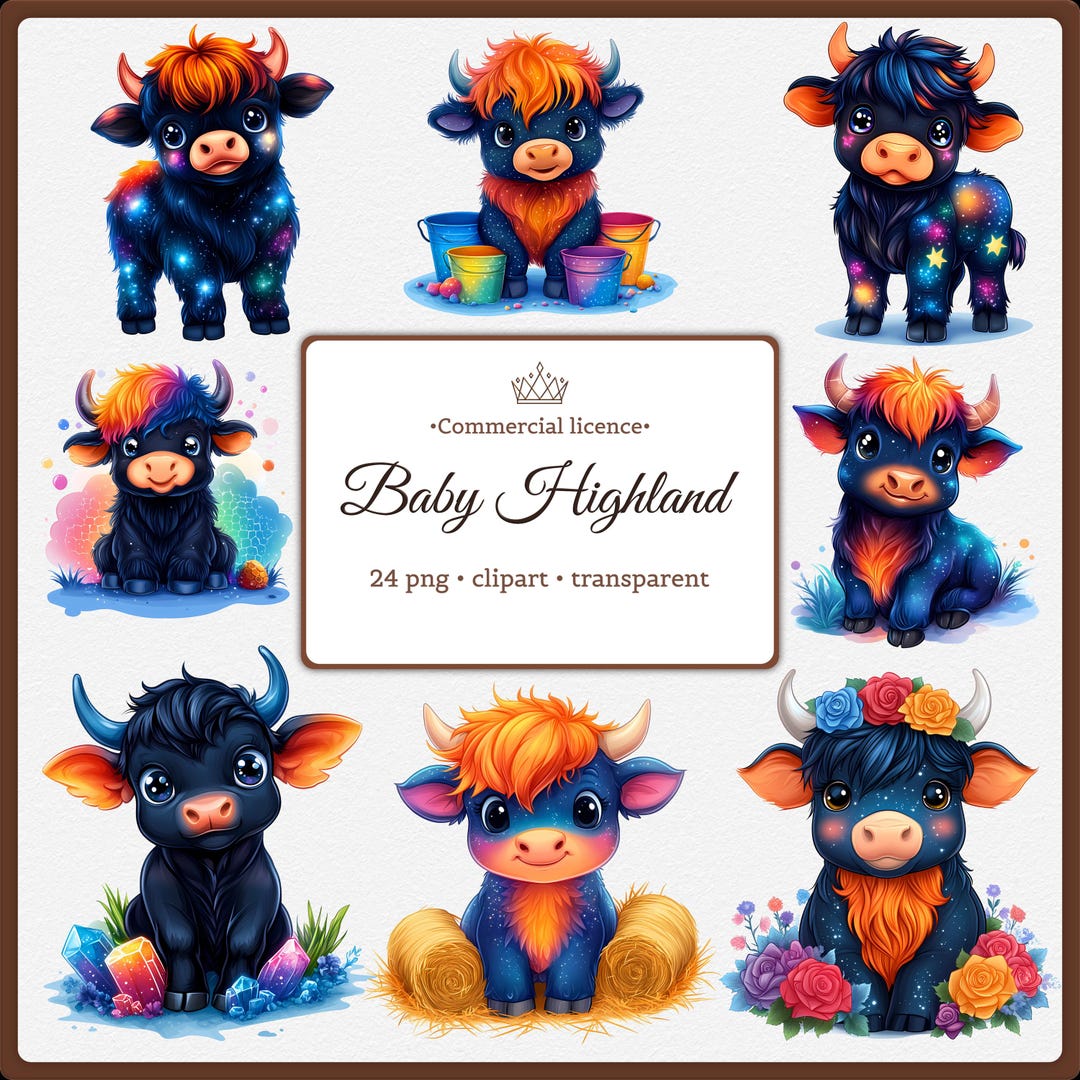Kawaii Highland Cow Baby Clipart PNG Pack Chibi Fantasy Calf Clip Art ...