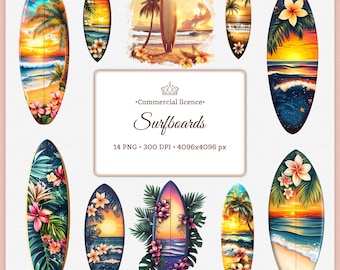 May include: A digital collection of surfboard illustrations featuring tropical sunset scenes, ocean waves, palm trees, and plumeria flowers. The central text reads Commercial licence Surfboards 14 PNG 300 DPI 4096x4096 px, accompanied by a crown icon.