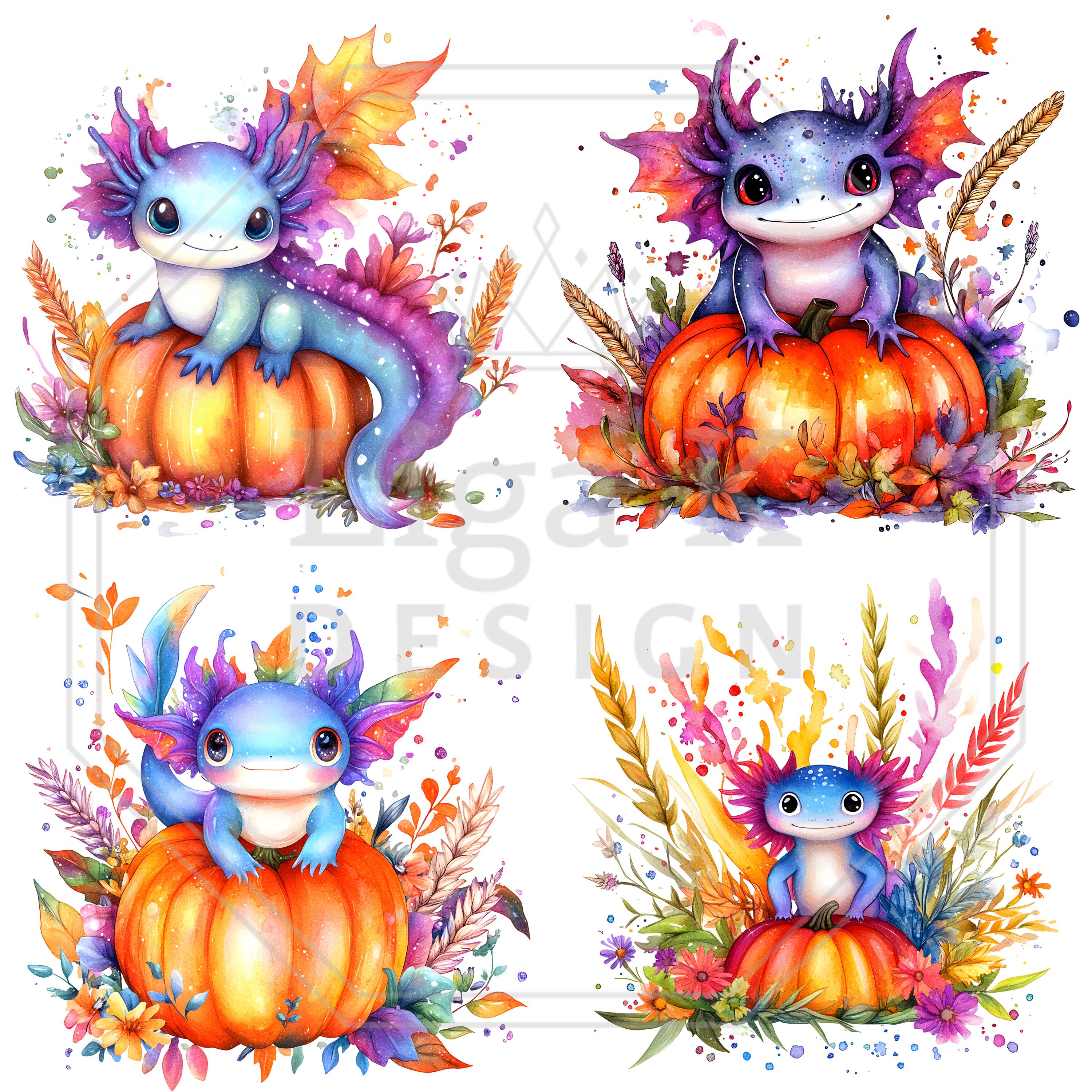 Autumn Axolotl Clipart PNG Bundle, Cute Fall Pumpkin Axolotls Digital ...