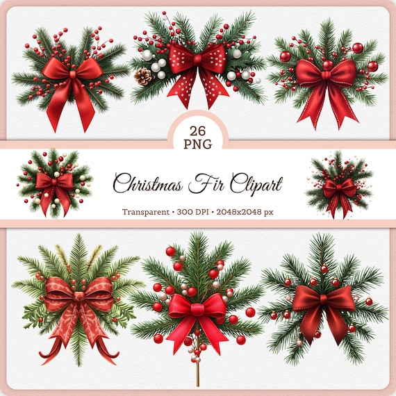 26 PNG Weihnachtstannen-Clipart-Bündel, rote Schleife Feiertagsgrün, festliche Kiefernzweige für die Kartenherstellung, Aquarell Weihnachten 2025 Dekoration Kunst 2k