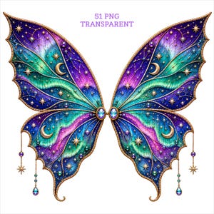 May include: A pair of butterfly wings featuring a gradient of purple, blue, and teal colors with gold-toned edges. The wings are decorated with gold crescent moons, stars, constellations, and small dangling charms. Text reads 51 PNG TRANSPARENT.
