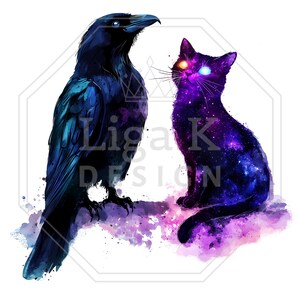 Pu&ograve; includere: Un'illustrazione digitale raffigurante un corvo blu scuro e nero accanto a un gatto seduto con un mantello a motivo galassia viola e blu. Il gatto ha un occhio arancione brillante e un occhio blu brillante. Il testo Liga K DESIGN &egrave; visibile.