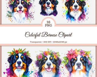 Colorful Bernese Dog Clipart Bundle PNG Watercolor Rainbow Floral Dog Portraits, Fluffy Pet Lover, Berner Spring Commercial Digital