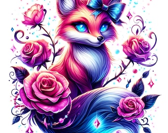 Whimsical Fantasy Fox Clipart PNG JPG Pink Blue Fox with Roses Crystals Sublimation Dreamy Galaxy Fox Art Neon Bright Vibrant Colorful 4K