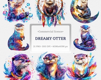 Aquarell-Otter-Clipart-Bundle, Galaxie-Traumfänger (PNG), Fantasie-Otter, bunte Tiere, Himmelsotter-Wildtiergrafiken (kommerzielle Nutzung)