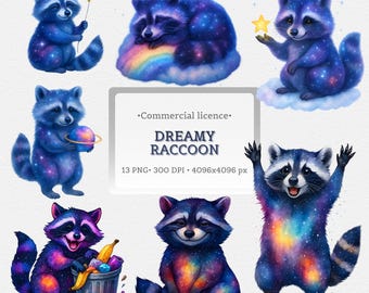 Pacchetto di clipart di procione viola, animale galattico PNG, stella carina, panda celeste, arte per sublimazione, libri per bambini, artigianato PNG