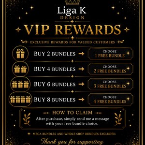 K&ouml;nnte beinhalten: Ein schwarz-goldenes Grafikschild mit dem Titel Liga K Design VIP Rewards. Es listet B&uuml;ndel-Kaufstufen von 2 bis 8 auf, die 1 bis 4 kostenlose B&uuml;ndel bieten. Enth&auml;lt Anweisungen zur Nachrichtensendung und den Hinweis, dass Mega-B&uuml;ndel ausgeschlossen sind.